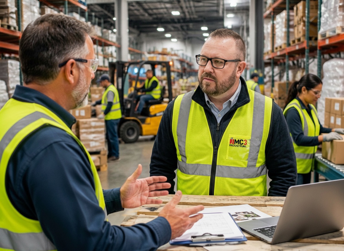 MC3 Industrial team meeting on the warehouse floor