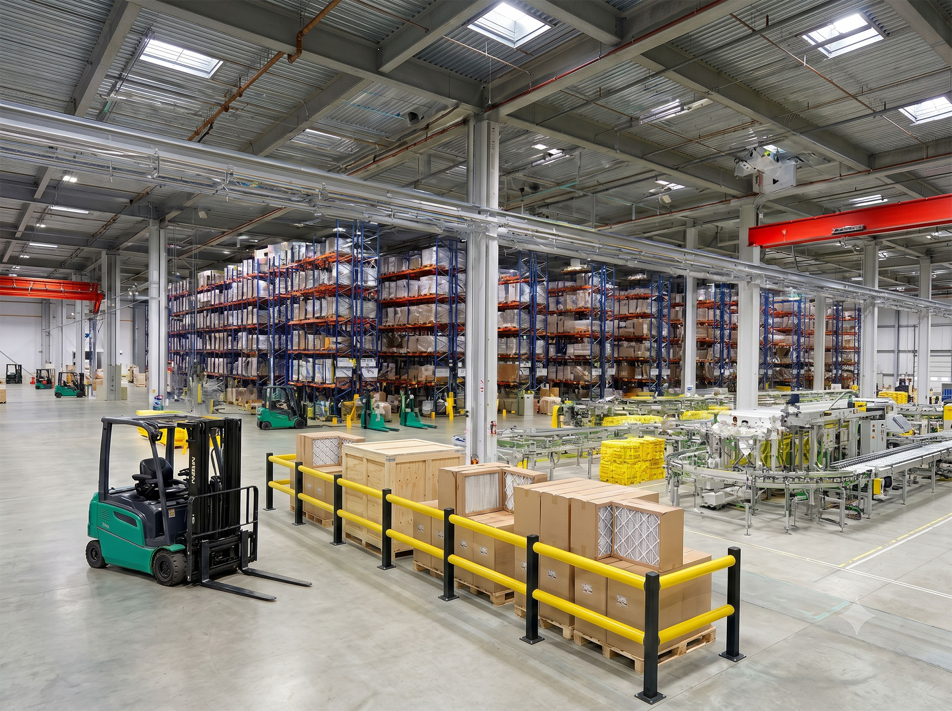 Warehouse with forklift and industrial safety operations